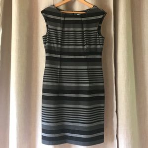 Calvin Klein Gray Black Striped Sheath Dre…
